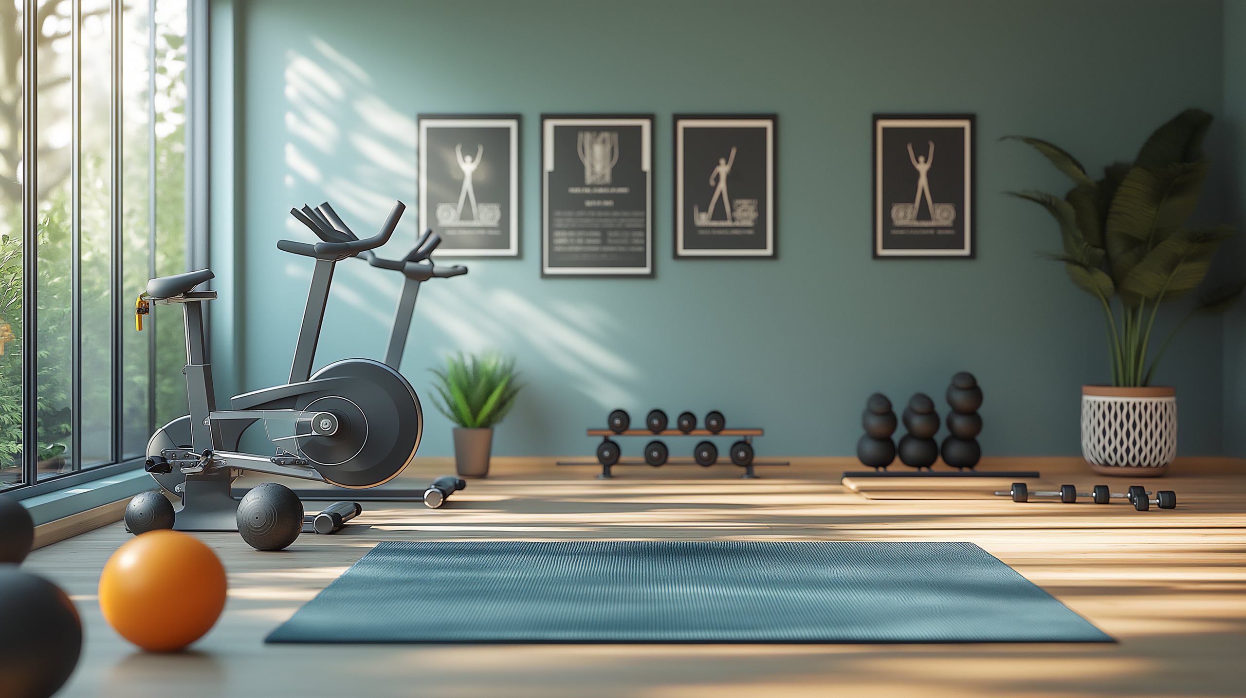 Lichtdurchfluteter Fitnessraum im eigenen Haus mit Bodenmatte, Heimtrainer, Hanteln auf einem Regal und dekorativen Bildern.